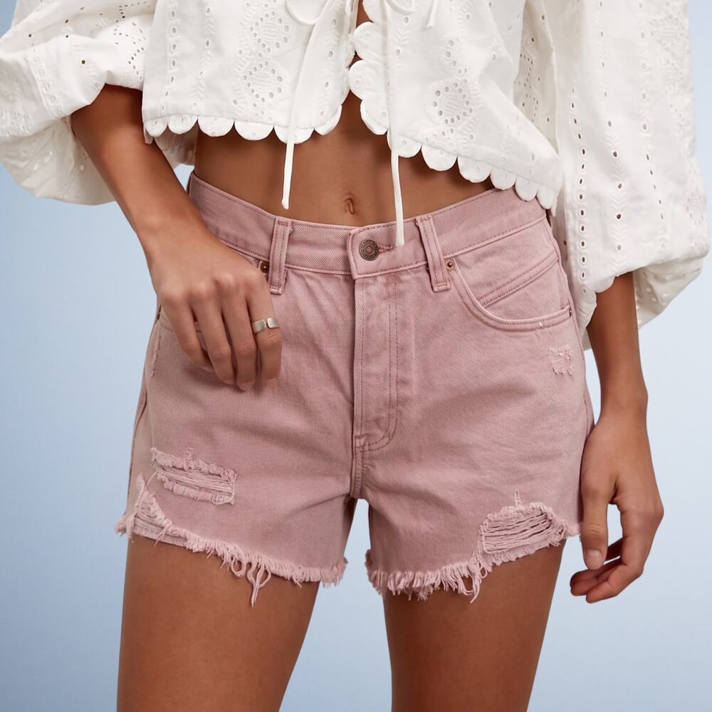 Free People We the Free High-Waisted Distressed Denim Cutoff Shorts Mauve 28